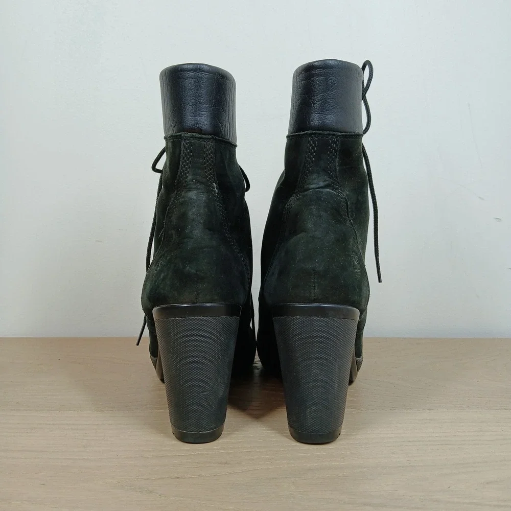 Timberland Lace Up Ankle Boots Women 6 Black Suede Block Heel Moto Grunge Casual